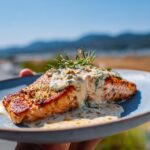 A perfectly cooked fillet of Lemon Dill Salmon with Simple Sauce, generously drizzled with creamy sauce and fresh dill.