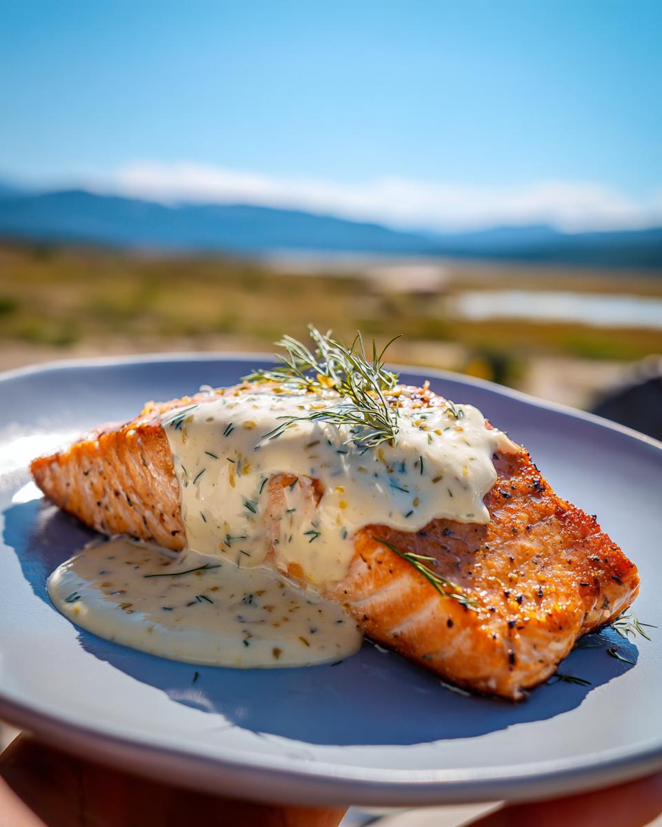 A beautifully cooked fillet of Lemon Dill Salmon with Simple Sauce, garnished with fresh dill.