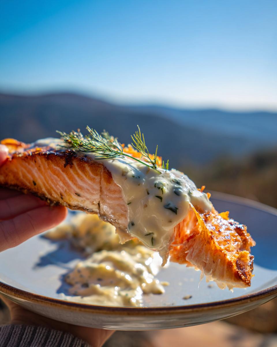 A close-up shot of a flaky piece of Lemon Dill Salmon with Simple Sauce, garnished with fresh dill.