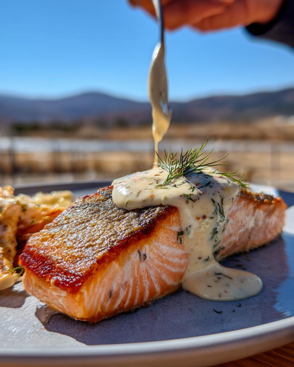 A perfectly cooked piece of Lemon Dill Salmon with Simple Sauce being drizzled on top, garnished with fresh dill.