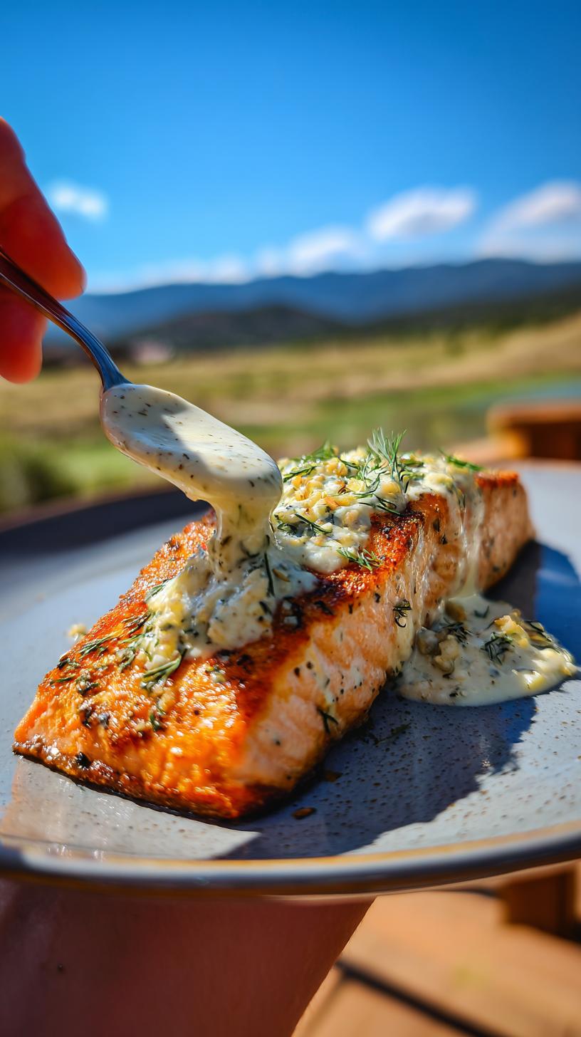 A spoon is drizzling a creamy sauce over a perfectly cooked Lemon Dill Salmon fillet, garnished with fresh dill.