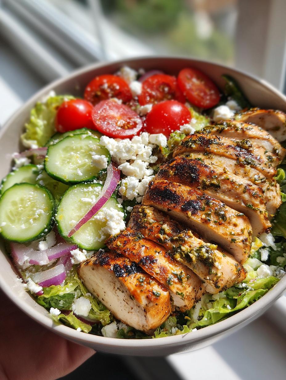 A bowl of Lemon Herb Grilled Chicken Salad featuring sliced grilled chicken, cherry tomatoes, cucumbers, red onion, and feta cheese on a bed of lettuce.