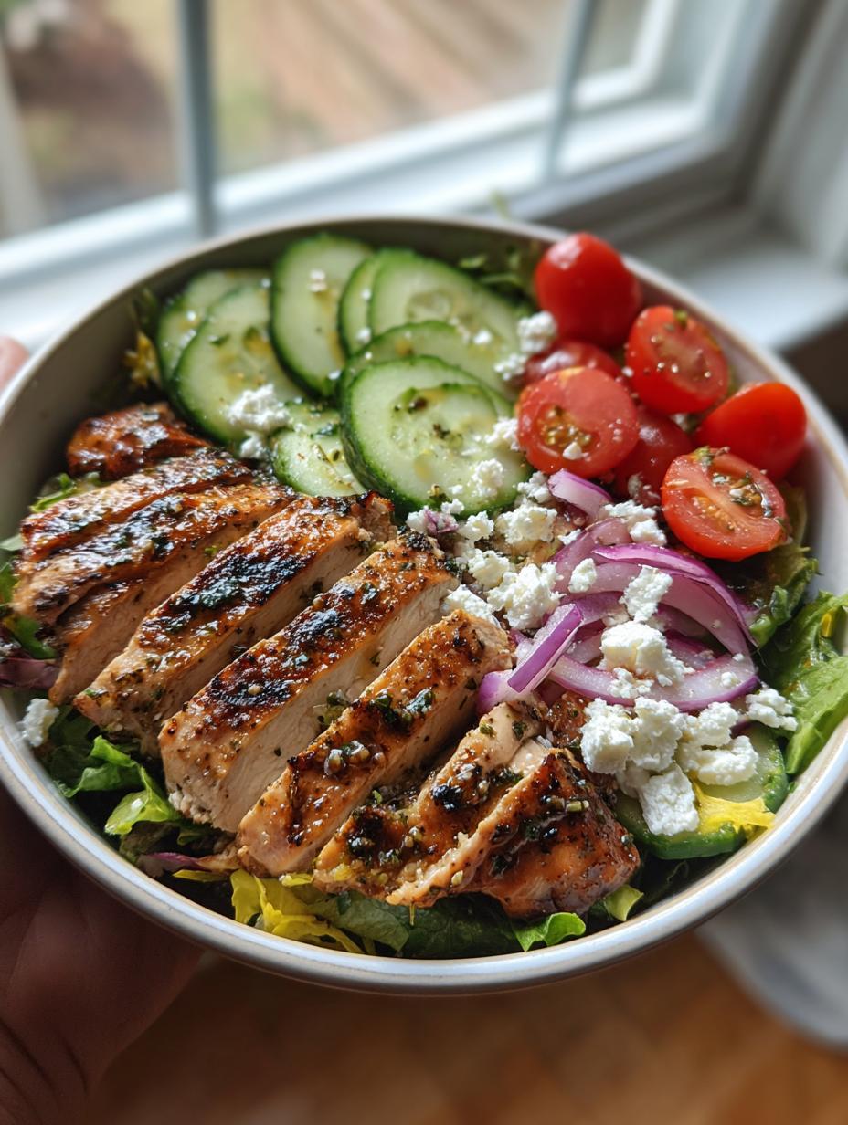 A delicious Lemon Herb Grilled Chicken Salad in a bowl, featuring sliced grilled chicken, cucumber, tomatoes, red onion, and feta cheese.