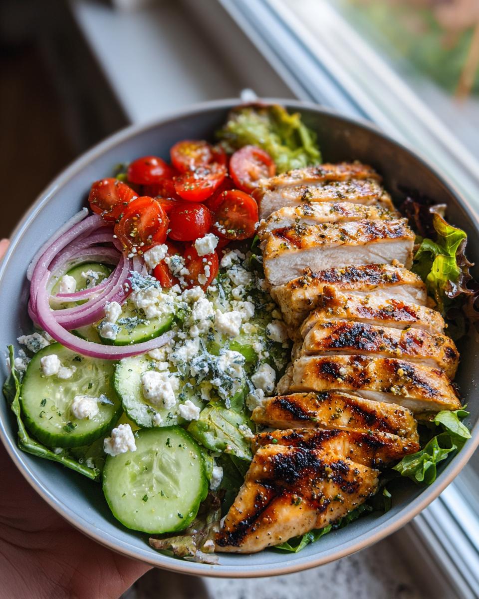 A vibrant bowl of Lemon Herb Grilled Chicken Salad featuring sliced grilled chicken, cucumbers, cherry tomatoes, red onion, and feta cheese.