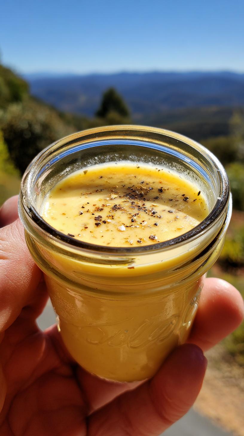 A hand holds a small glass jar filled with bright yellow Lemon Vinaigrette Dressing, topped with cracked black pepper.