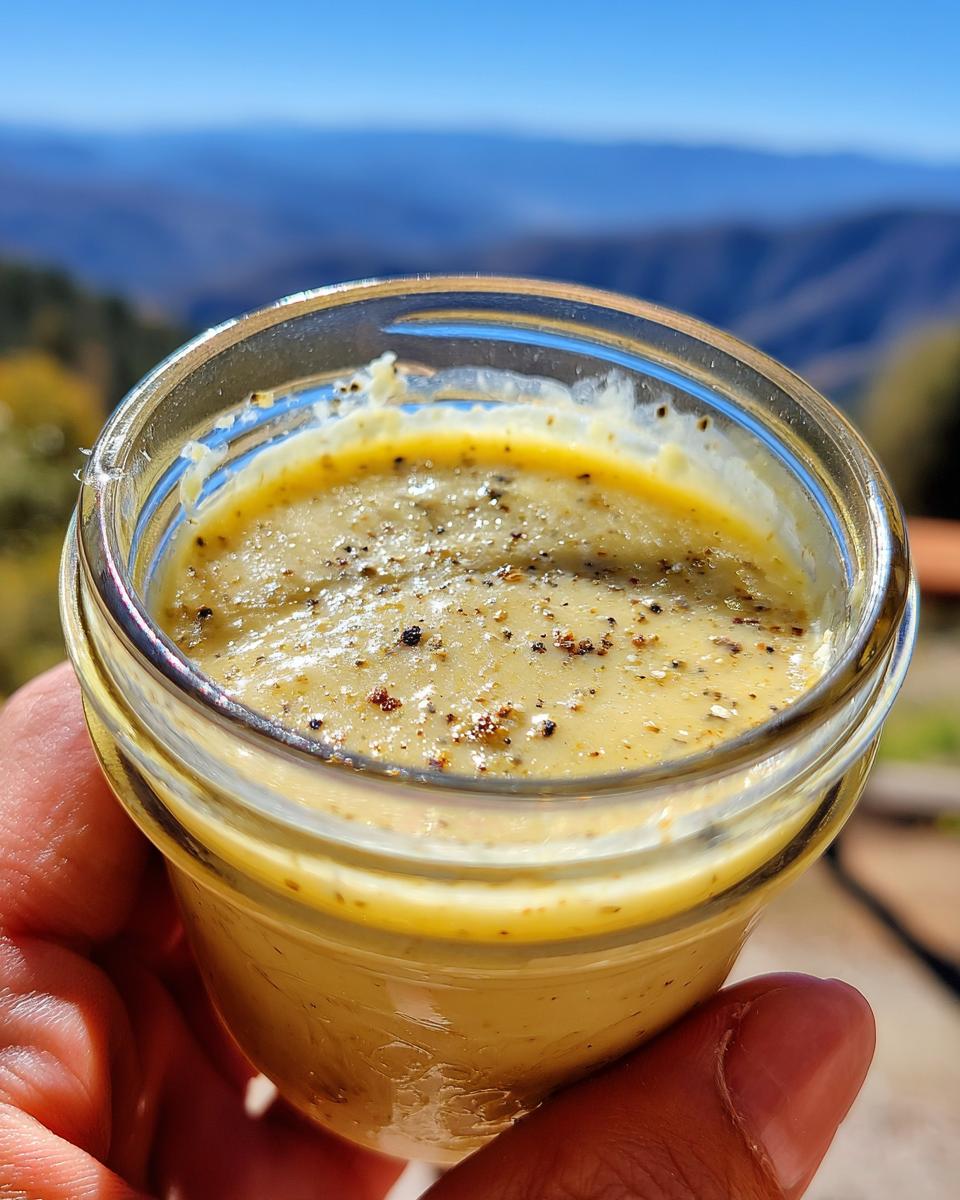 A hand holds a small glass jar filled with creamy Lemon Vinaigrette Dressing, topped with cracked black pepper.