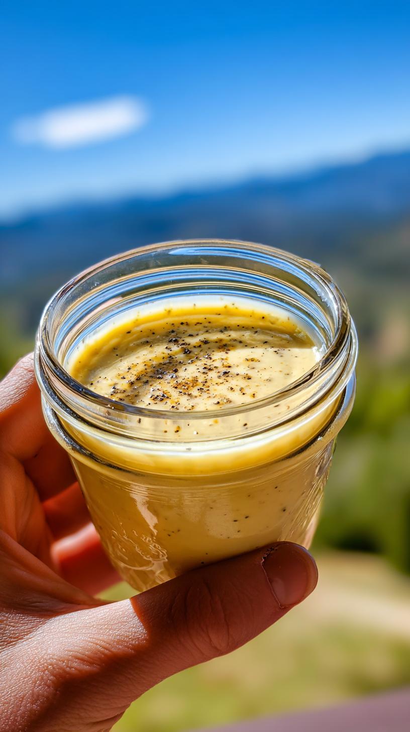 A hand holding a glass jar filled with creamy Lemon Vinaigrette Dressing, topped with cracked black pepper.