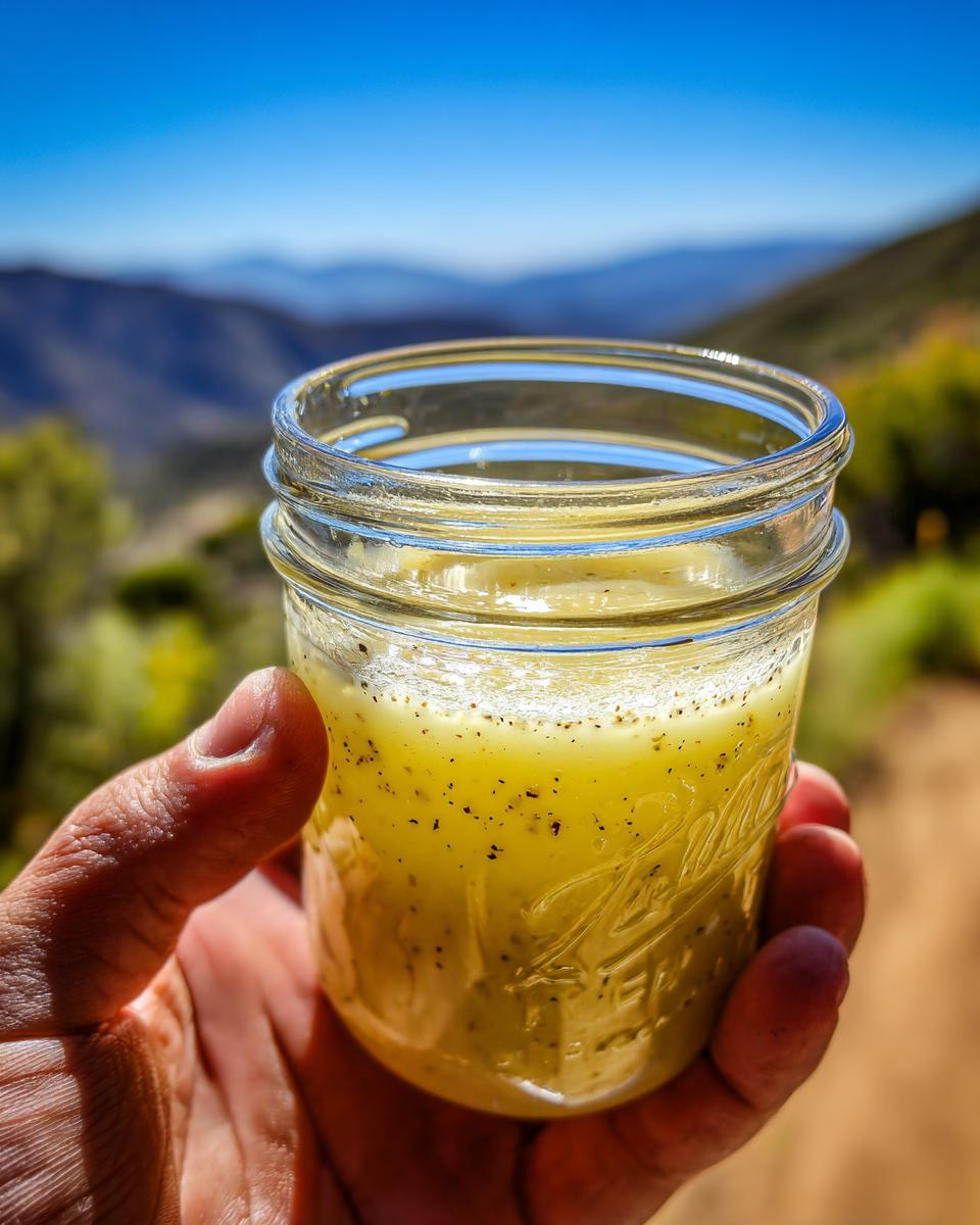 A hand holds a glass jar filled with bright yellow Lemon Vinaigrette Dressing, with a scenic mountain landscape in the background.