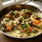 Close-up of pan-seared chicken breasts in a creamy mushroom sauce, garnished with parsley.