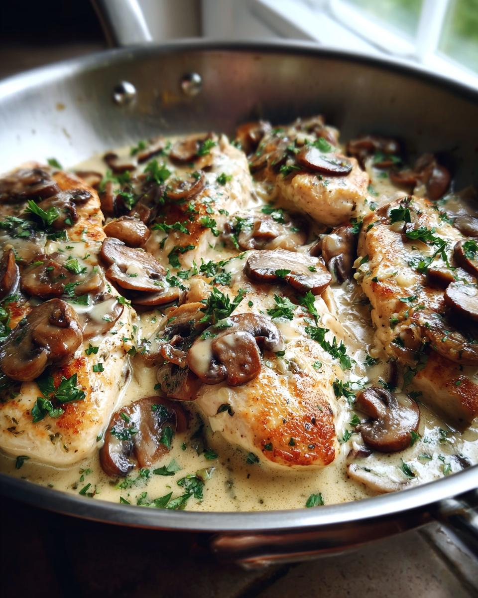 Close-up of Light Creamy Mushroom Chicken Skillet in a pan, garnished with parsley.
