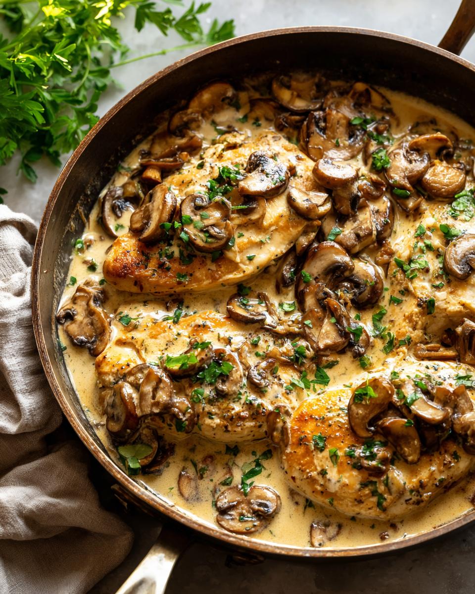 Close-up of tender chicken breasts in a rich, creamy mushroom sauce, garnished with fresh parsley in a skillet.