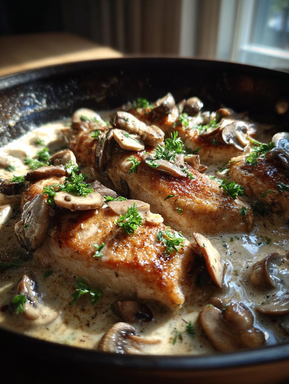 Close-up of golden-brown chicken breasts in a creamy mushroom sauce, garnished with parsley.