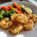 A plate of Light Garlic Shrimp with Steamed Veggies, including broccoli, carrots, and zucchini.