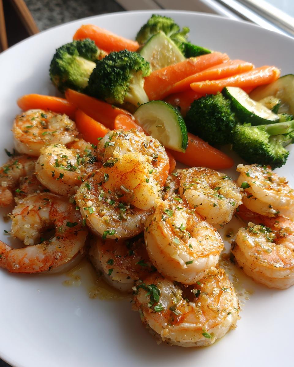 A plate of Light Garlic Shrimp with Steamed Veggies, featuring plump shrimp and colorful steamed broccoli, carrots, and zucchini.