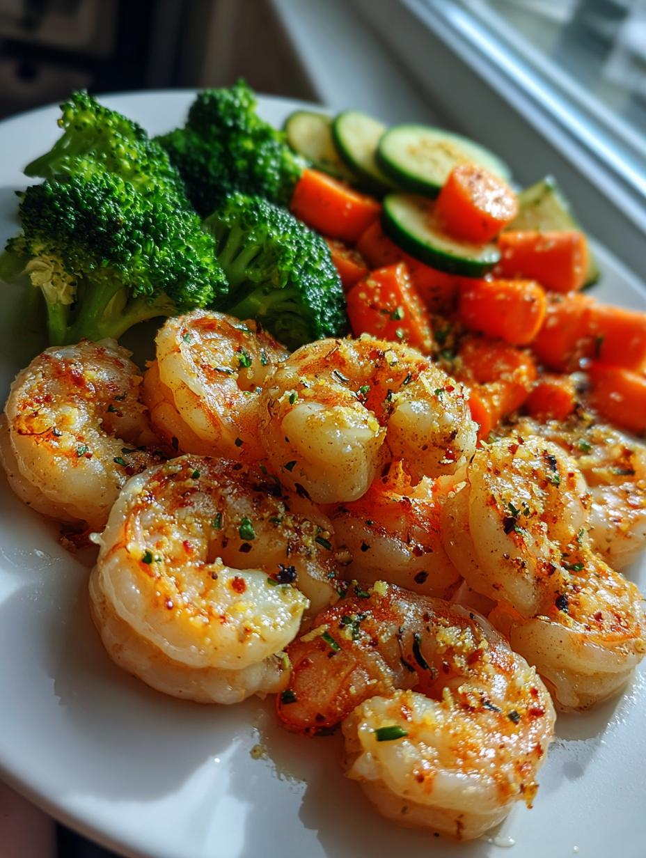 A close-up of a plate of Light Garlic Shrimp with Steamed Veggies, including broccoli, carrots, and zucchini.