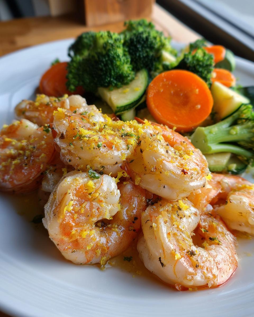 A plate of Light Garlic Shrimp with Steamed Veggies, featuring plump shrimp topped with lemon zest and herbs, alongside broccoli, carrots, and zucchini.