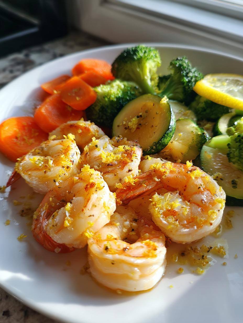 A close-up of Light Garlic Shrimp with Steamed Veggies, including broccoli, carrots, and zucchini, garnished with lemon zest.