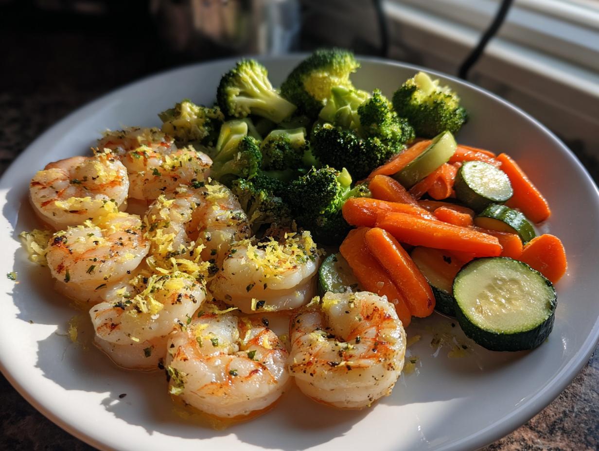 A plate of Light Garlic Shrimp with Steamed Veggies, featuring plump shrimp and colorful broccoli, carrots, and zucchini.
