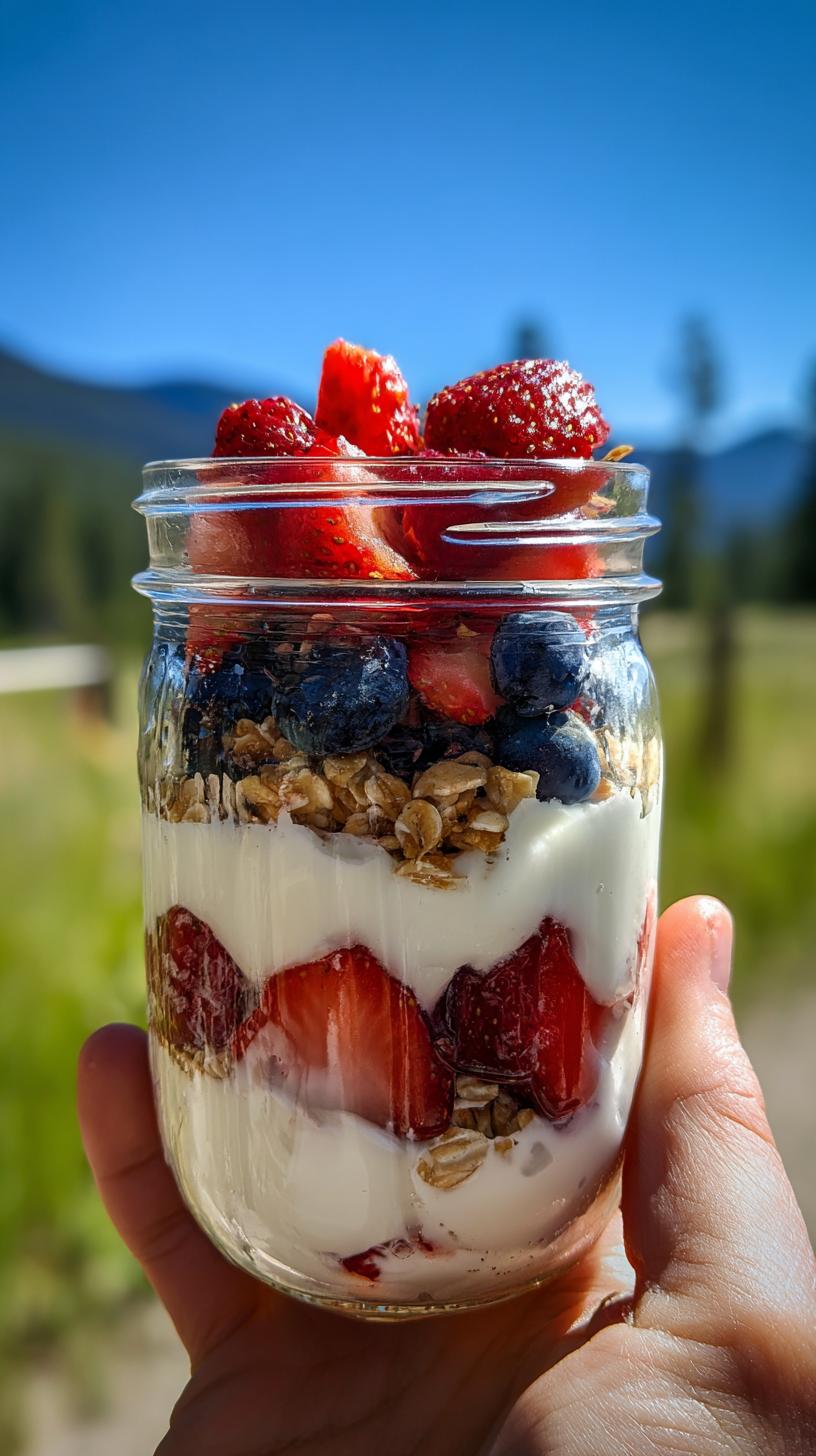 10-Min Light Summer Dessert with Greek Yogurt Joy 9 A hand holds a mason jar filled with a light summer dessert featuring layers of Greek yogurt, granola, strawberries, and blueberries.