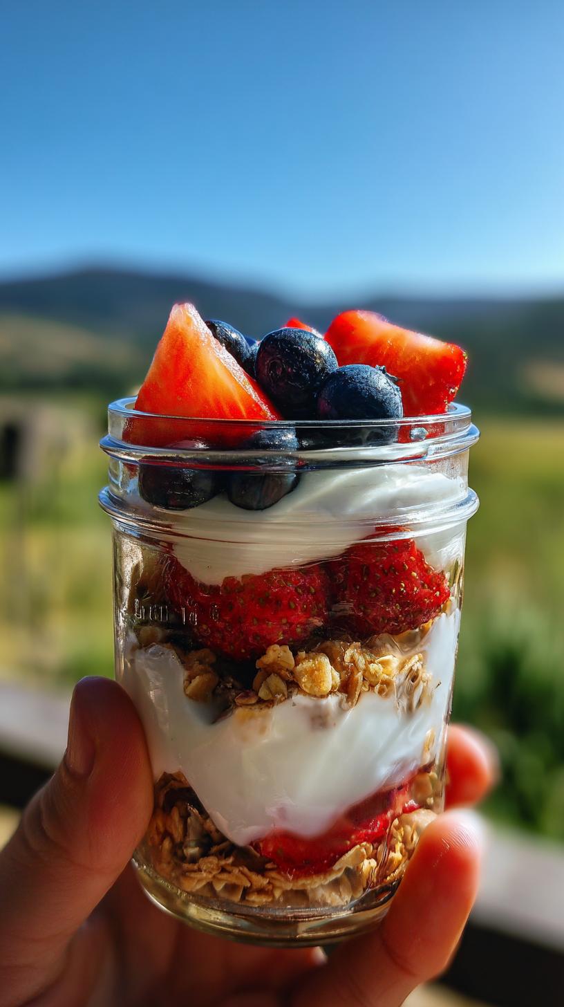 10-Min Light Summer Dessert with Greek Yogurt Joy 6 A hand holds a glass jar filled with a layered light summer dessert featuring Greek yogurt, granola, strawberries, and blueberries.