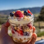 A hand holds a jar filled with a layered Light Summer Dessert with Greek Yogurt, granola, strawberries, and blueberries.