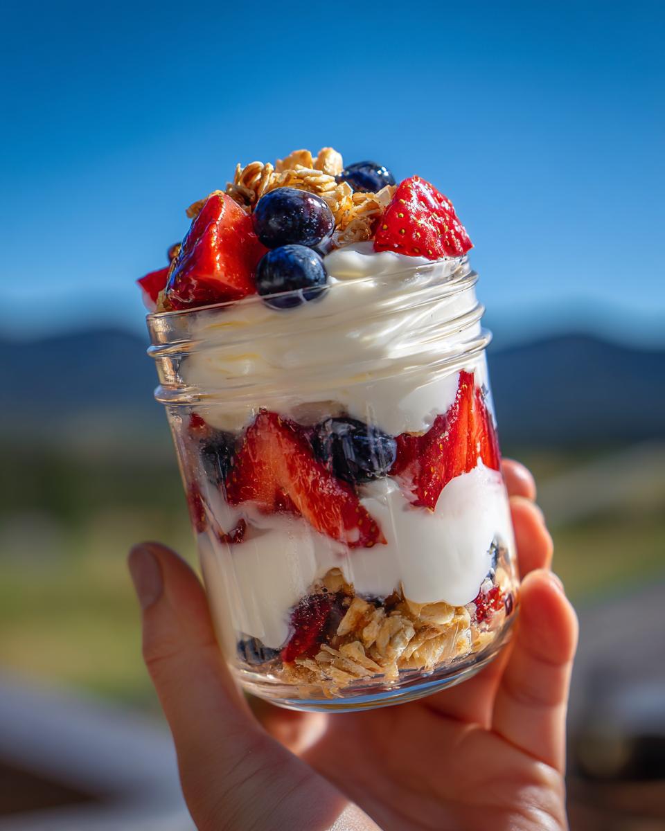 10-Min Light Summer Dessert with Greek Yogurt Joy 8 A hand holds a mason jar filled with a Light Summer Dessert with Greek Yogurt, layered with strawberries, blueberries, and granola.