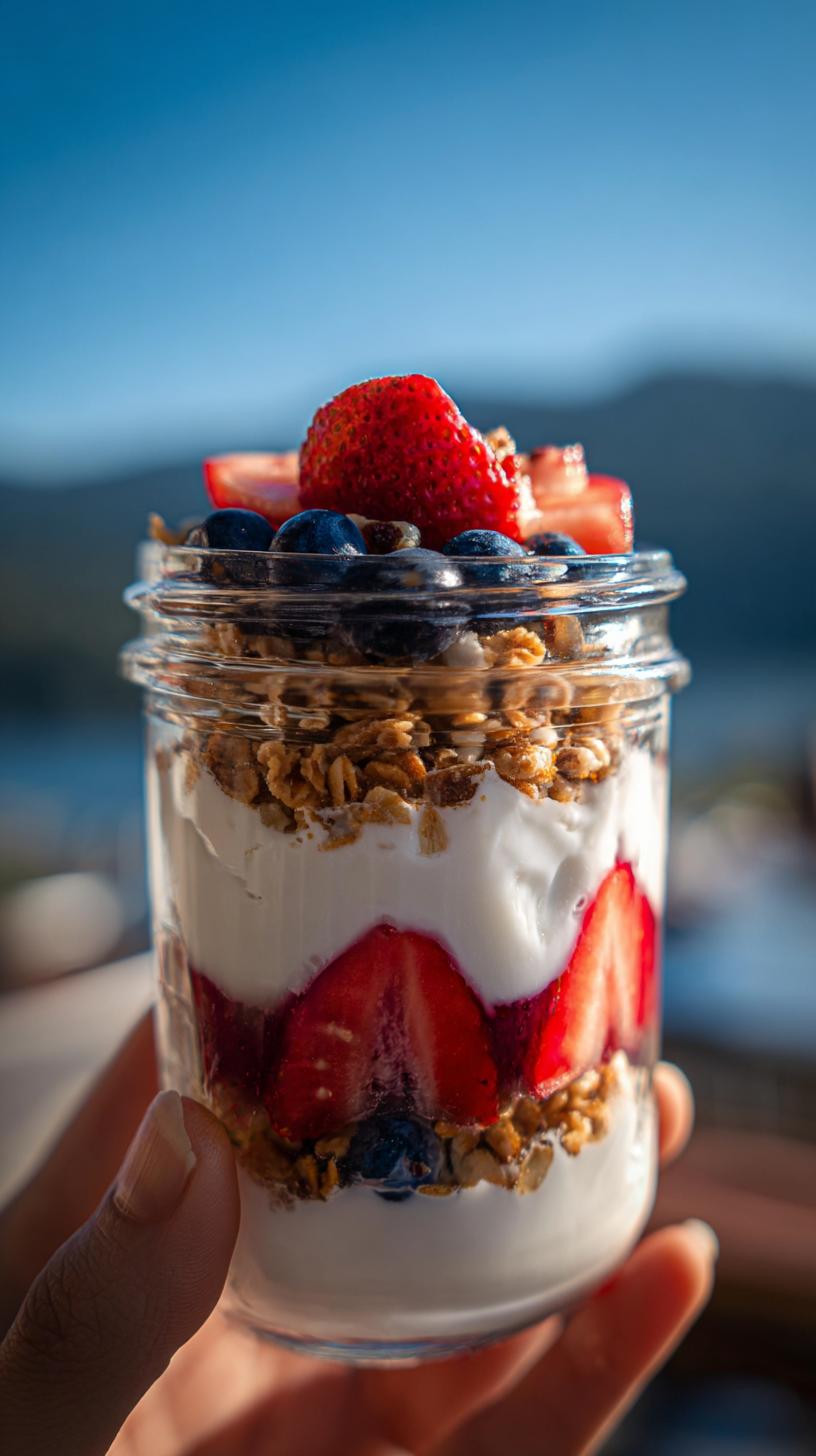 10-Min Light Summer Dessert with Greek Yogurt Joy 7 A hand holds a glass jar filled with layers of Greek yogurt, granola, strawberries, and blueberries, a perfect Light Summer Dessert with Greek Yogurt.