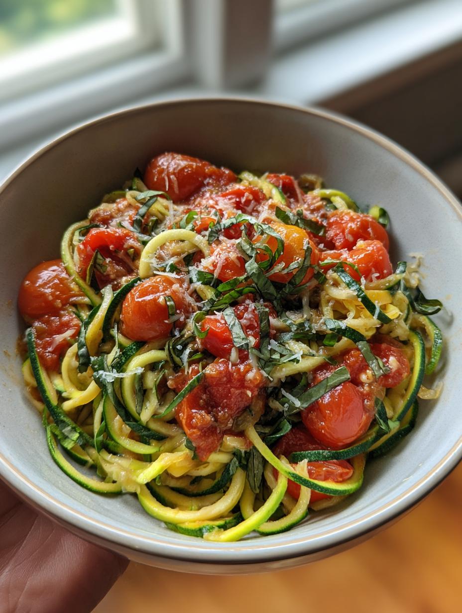 A bowl of light zucchini noodles topped with cherry tomatoes, fresh basil, and grated cheese.