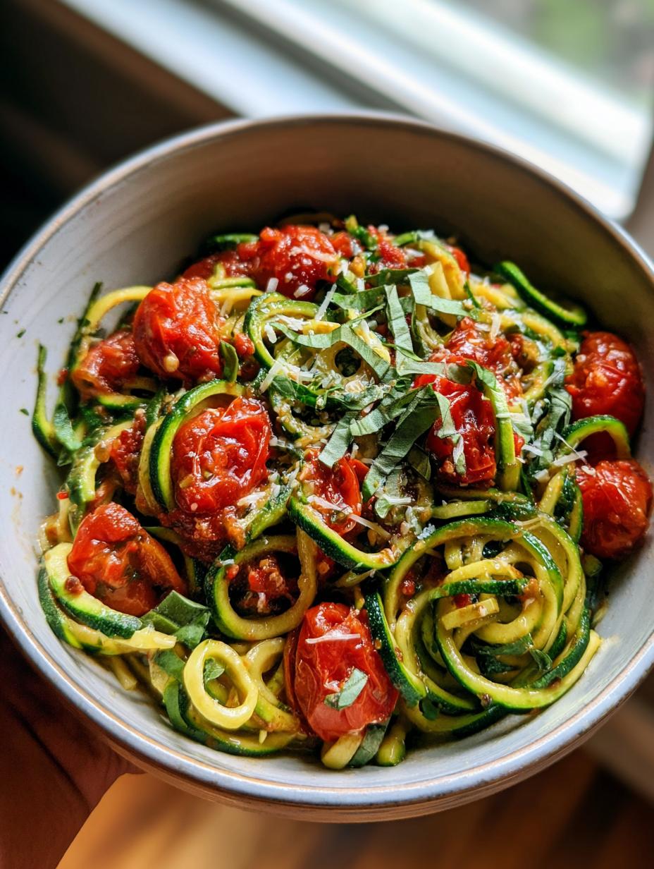 A close-up of a bowl filled with Light Zucchini Noodles, tossed with cherry tomatoes, herbs, and grated cheese.