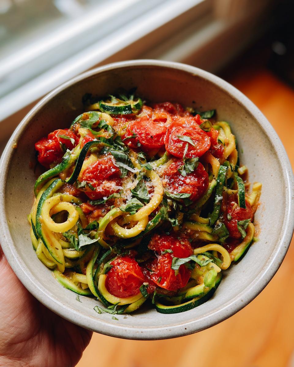 A bowl of light zucchini noodles tossed with cherry tomatoes, fresh basil, and grated cheese.