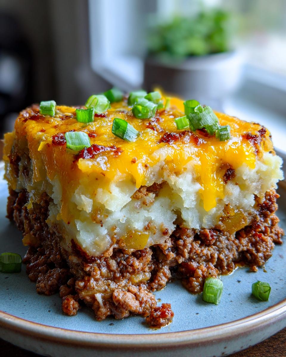 A generous slice of Loaded Potato Meatloaf Casserole, featuring layers of seasoned ground meat, mashed potatoes, melted cheddar cheese, and green onions.