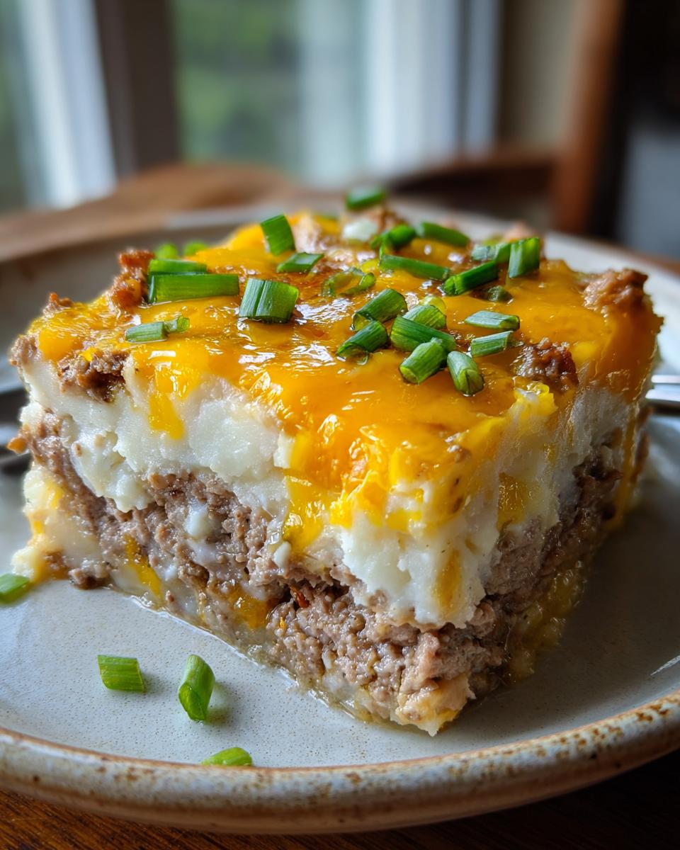 A hearty slice of Loaded Potato Meatloaf Casserole, featuring layers of mashed potatoes, seasoned ground meat, and melted cheddar cheese, topped with chives.