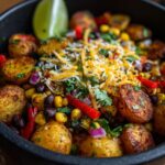 Close-up of a Loaded Potato Taco Meal Prep Bowl with roasted potatoes, black beans, corn, peppers, cheese, and lime.