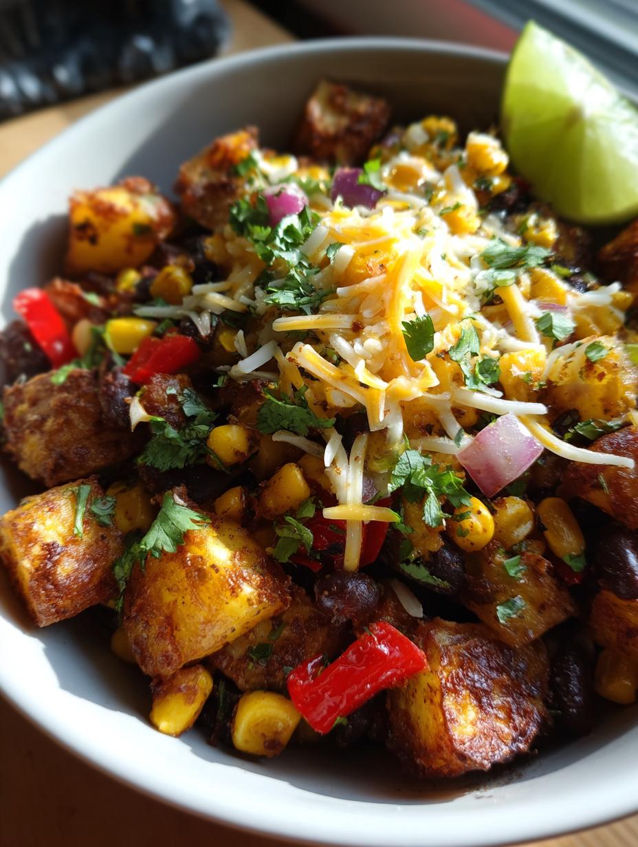 A close-up of a Loaded Potato Taco Meal Prep Bowl filled with roasted potatoes, corn, black beans, red peppers, and shredded cheese, topped with cilantro and a lime wedge.