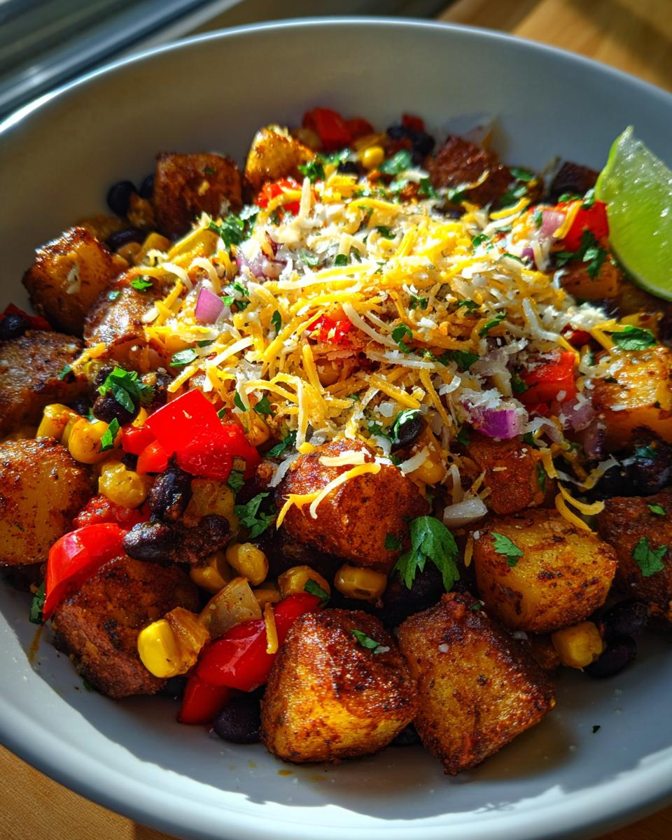 Close-up of a Loaded Potato Taco Meal Prep Bowl with seasoned potatoes, black beans, corn, bell peppers, and shredded cheese.