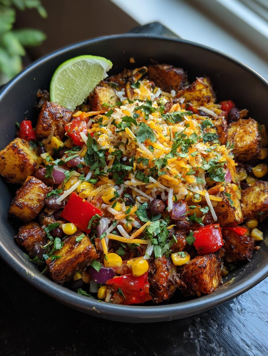 A close-up of a Loaded Potato Taco Meal Prep Bowl filled with roasted potatoes, black beans, corn, red peppers, and shredded cheese, topped with cilantro and a lime wedge.