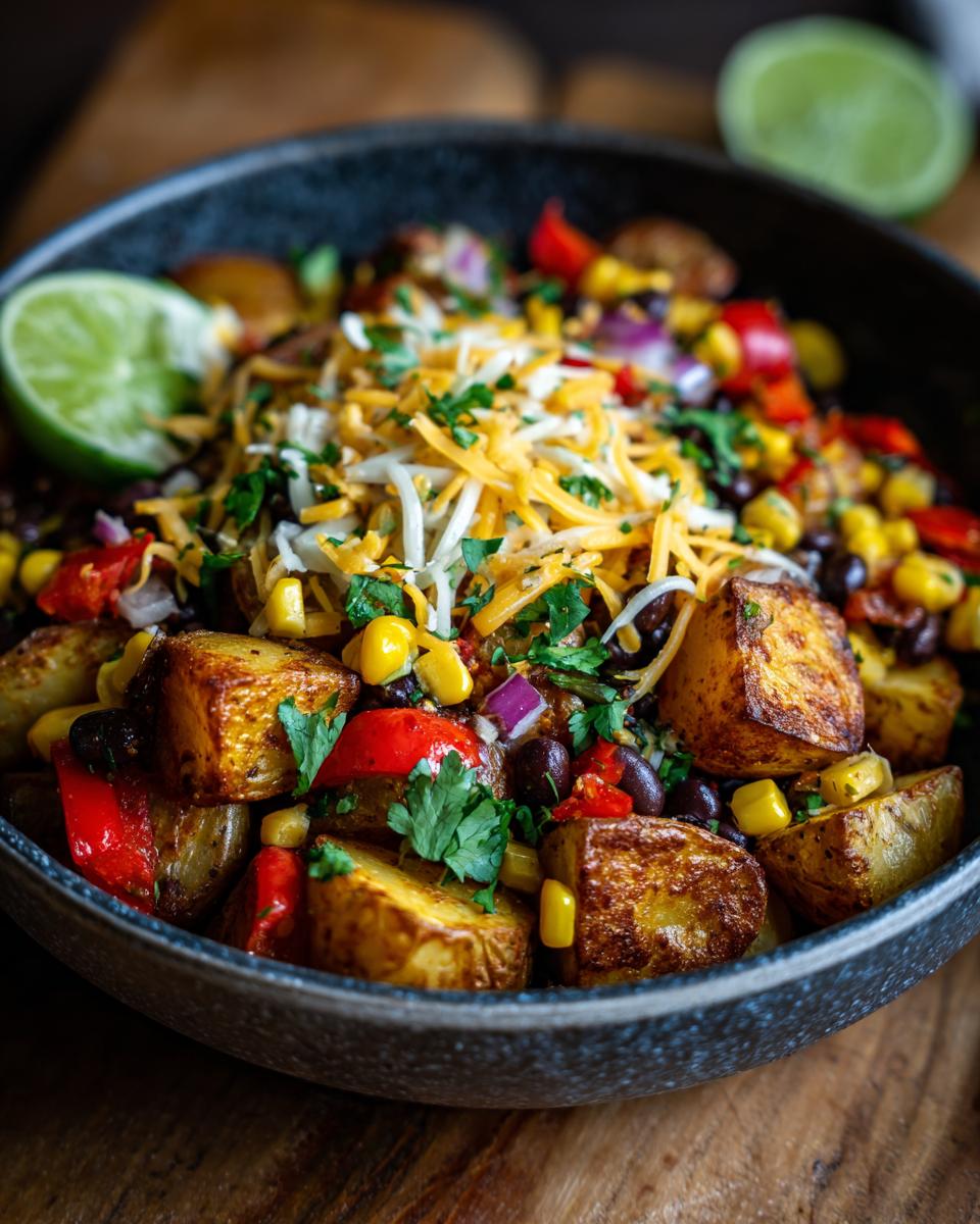 A close-up of a Loaded Potato Taco Meal Prep Bowl filled with roasted potatoes, black beans, corn, red peppers, and cheese, topped with cilantro and a lime wedge.