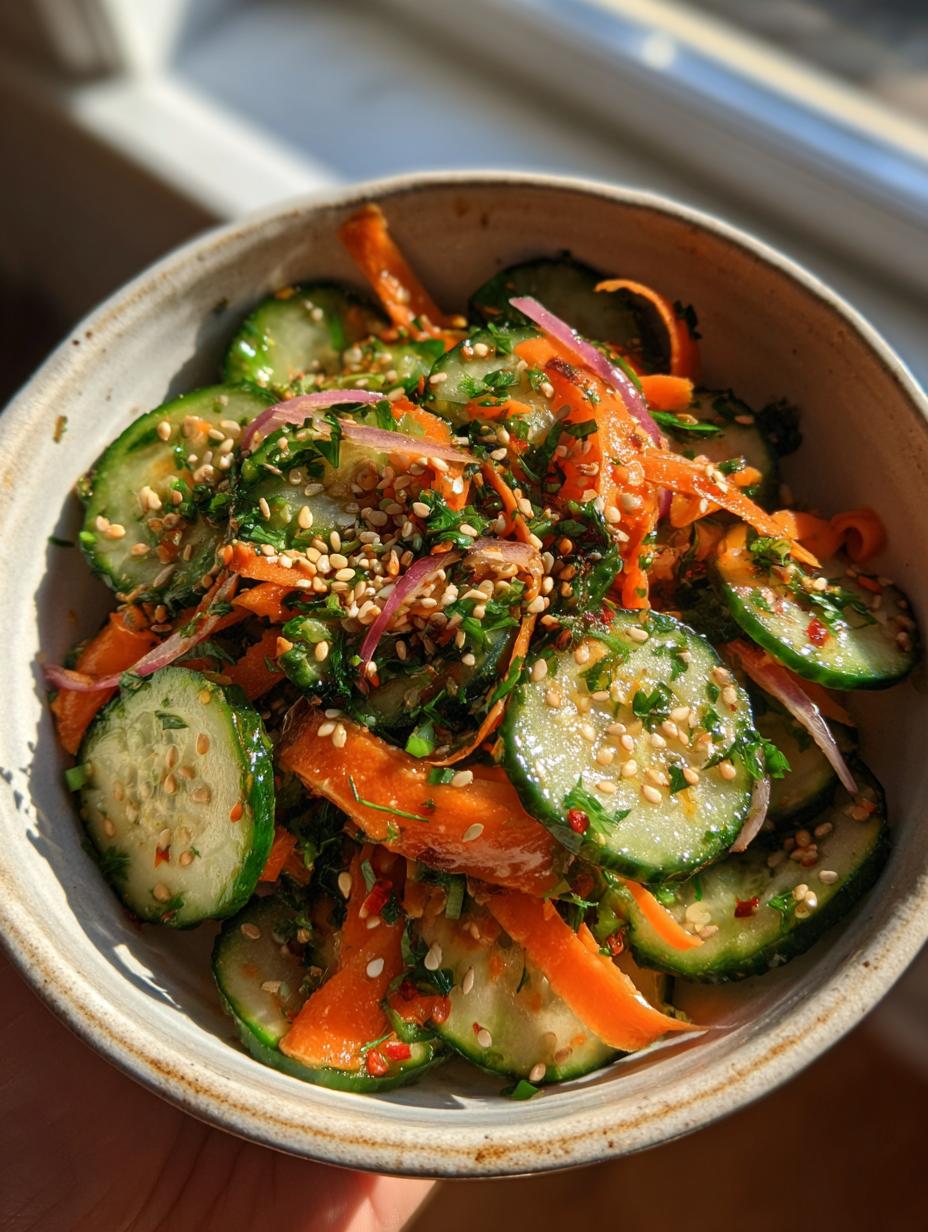 A refreshing Low Calorie Cucumber Carrot Crunch Salad with thinly sliced cucumbers, shredded carrots, red onion, and sesame seeds.