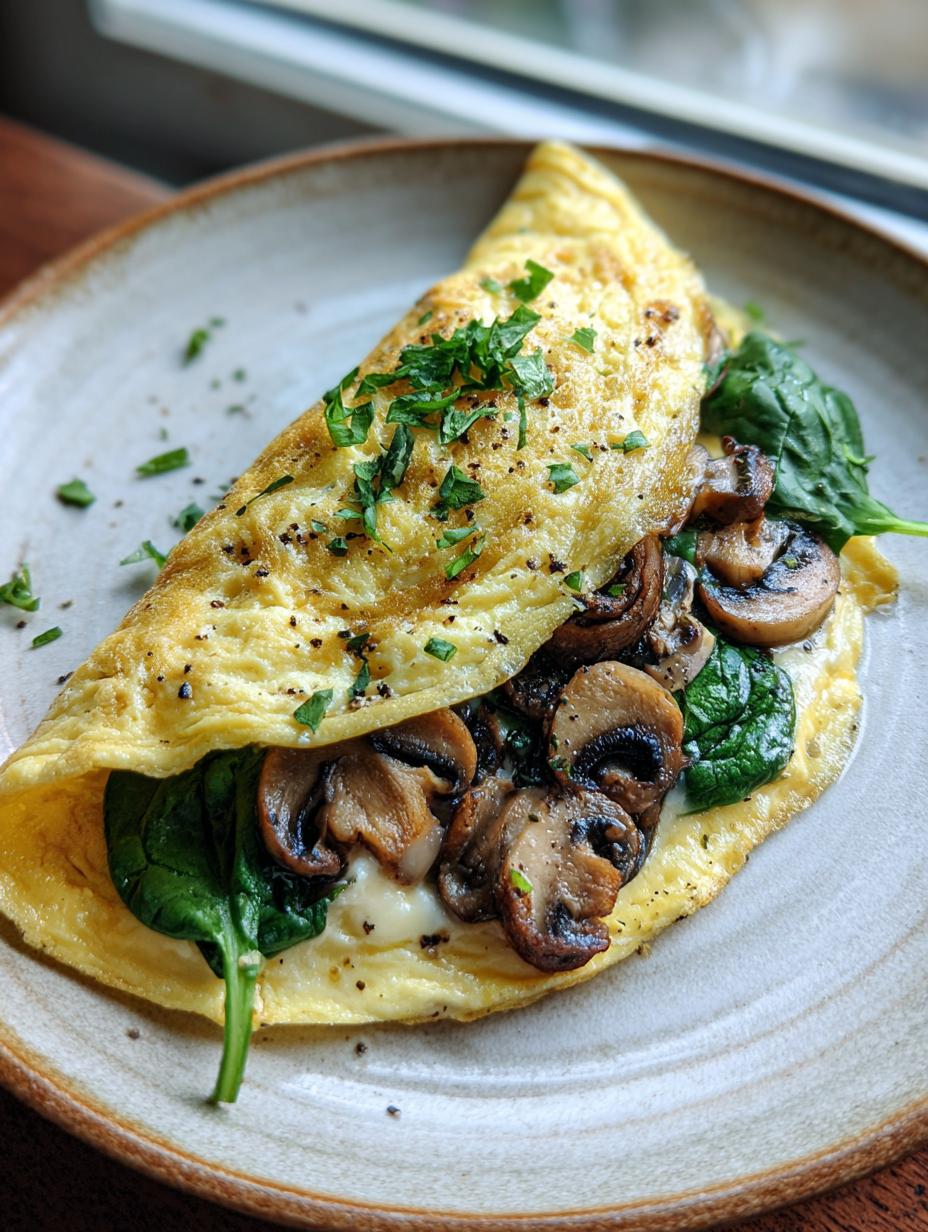 A folded omelette filled with fresh spinach and sautéed mushrooms, a perfect Low Calorie Spinach and Mushroom Omelette.