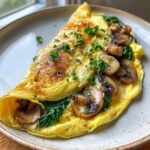 A delicious Low Calorie Spinach and Mushroom Omelette filled with sautéed mushrooms and fresh spinach, garnished with parsley.