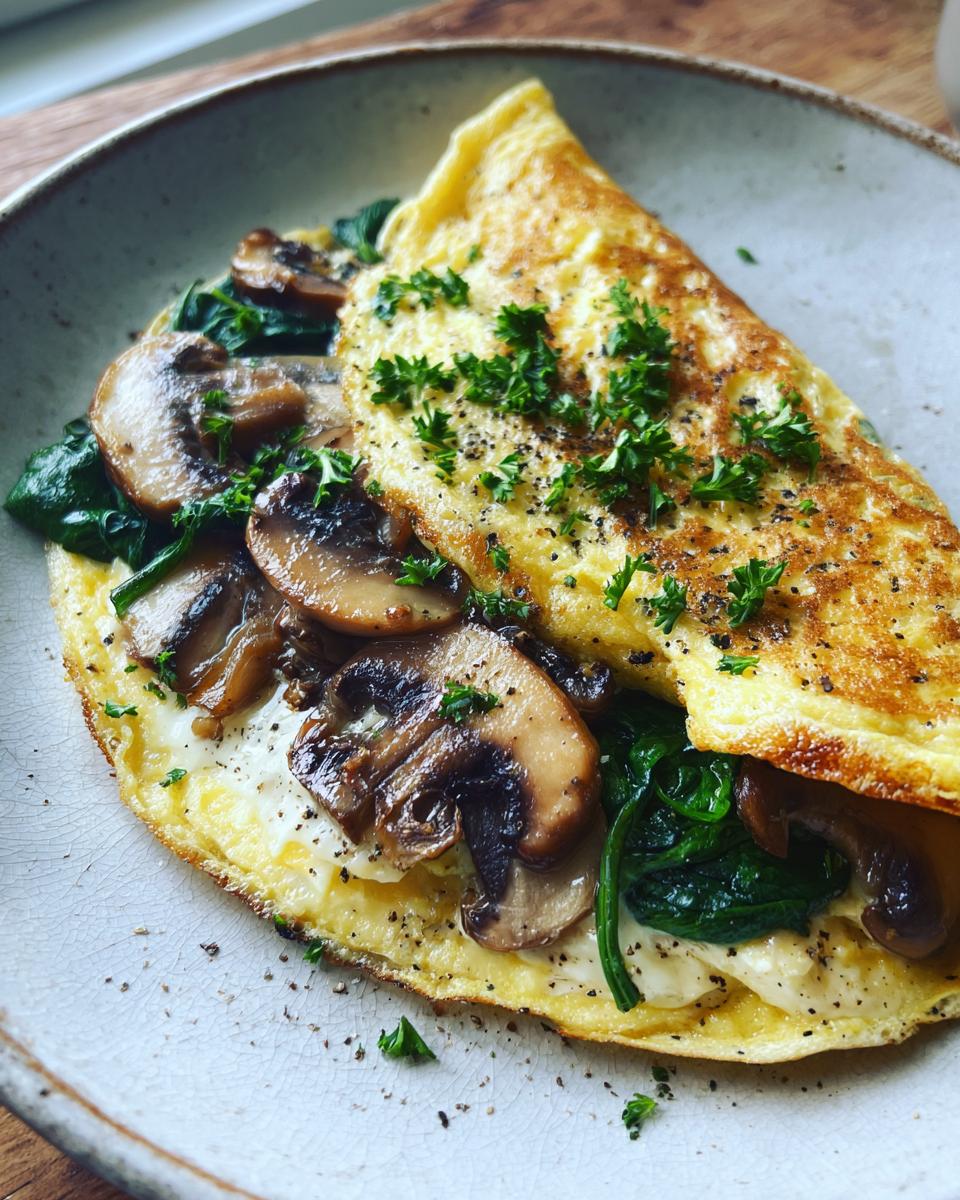 A delicious Low Calorie Spinach and Mushroom Omelette, folded and filled with sauteed mushrooms and wilted spinach, garnished with parsley.