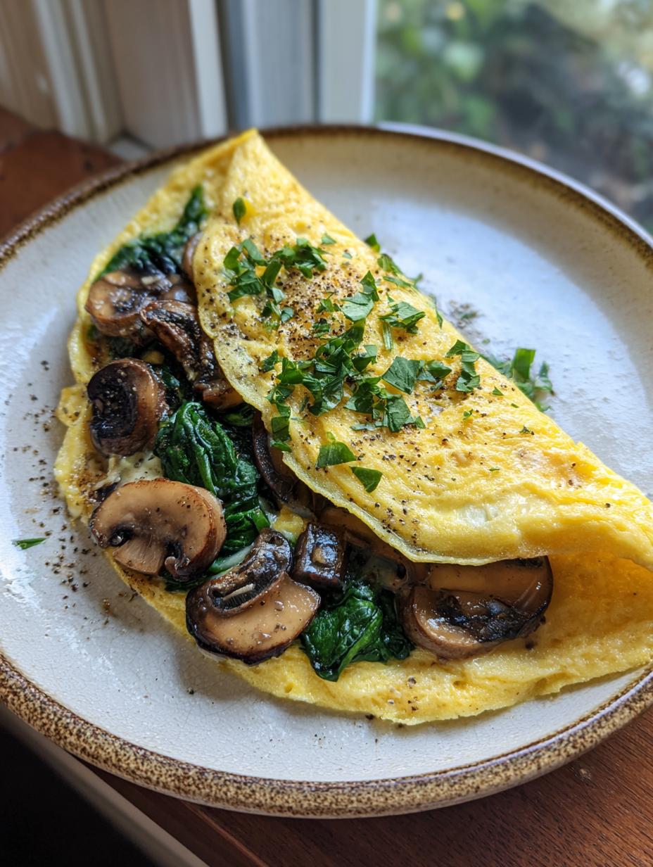 A folded Low Calorie Spinach and Mushroom Omelette filled with sauteed mushrooms and wilted spinach, garnished with fresh parsley and black pepper.