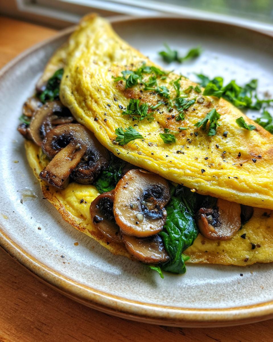 A close-up of a Low Calorie Spinach and Mushroom Omelette, folded and filled with sautéed mushrooms and fresh spinach, garnished with parsley.