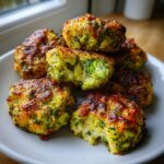 A close-up of golden-brown Low Carb Broccoli Cheddar Rounds, with one bitten into, revealing broccoli florets and melted cheese.