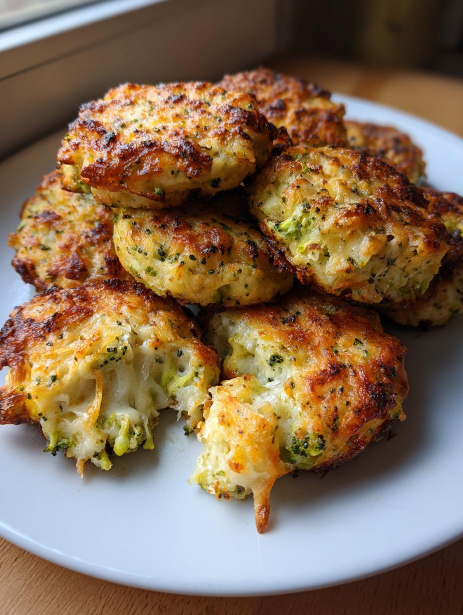 A stack of golden-brown Low Carb Broccoli Cheddar Rounds, with melted cheese oozing from one.