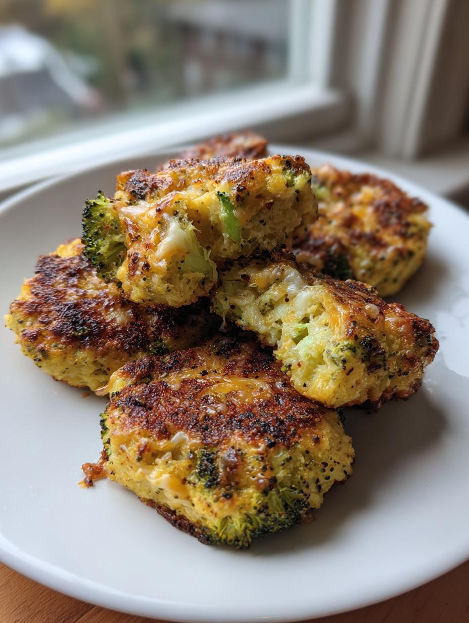 A close-up of golden-brown Low Carb Broccoli Cheddar Rounds stacked on a white plate, with visible broccoli florets and melted cheddar cheese.