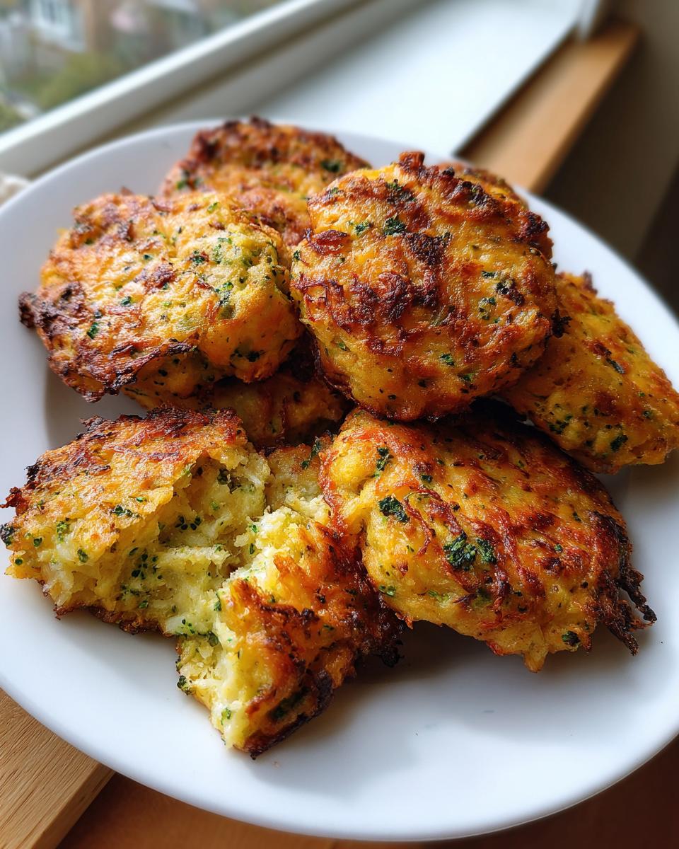 A pile of golden-brown Low Carb Broccoli Cheddar Rounds on a white plate, one broken open to show the broccoli and cheese inside.