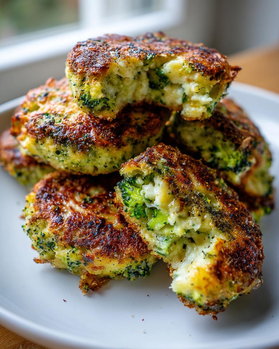 A stack of golden-brown Low Carb Broccoli Cheddar Rounds, with one broken open to reveal broccoli florets and melted cheese.