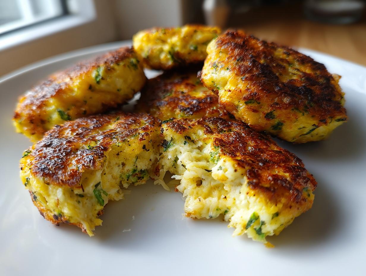 A close-up of golden-brown Low Carb Broccoli Cheddar Rounds on a white plate, one is broken open.