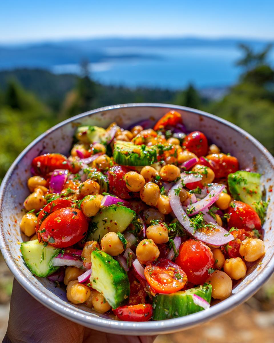 A close-up of a bowl filled with Mediterranean chickpea salad, featuring chickpeas, cherry tomatoes, cucumber, and red onion, with a scenic ocean view in the background.